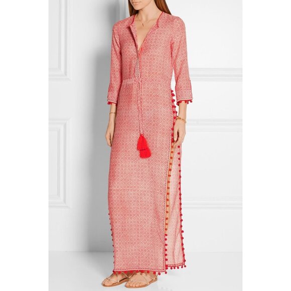 Talitha Jaya Pom Trim Button Up Maxi Dress Coverup Cotton Silk Boho Bohemian XS - Picture 1 of 12